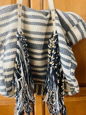 Woven Navy and Cream Fringe Tote Bag